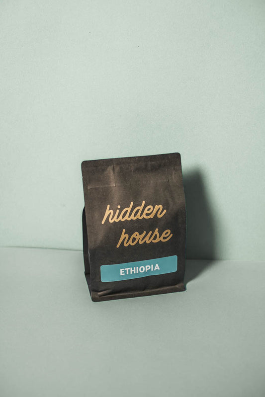 A coffee bag of Ethiopian coffee with a teal label