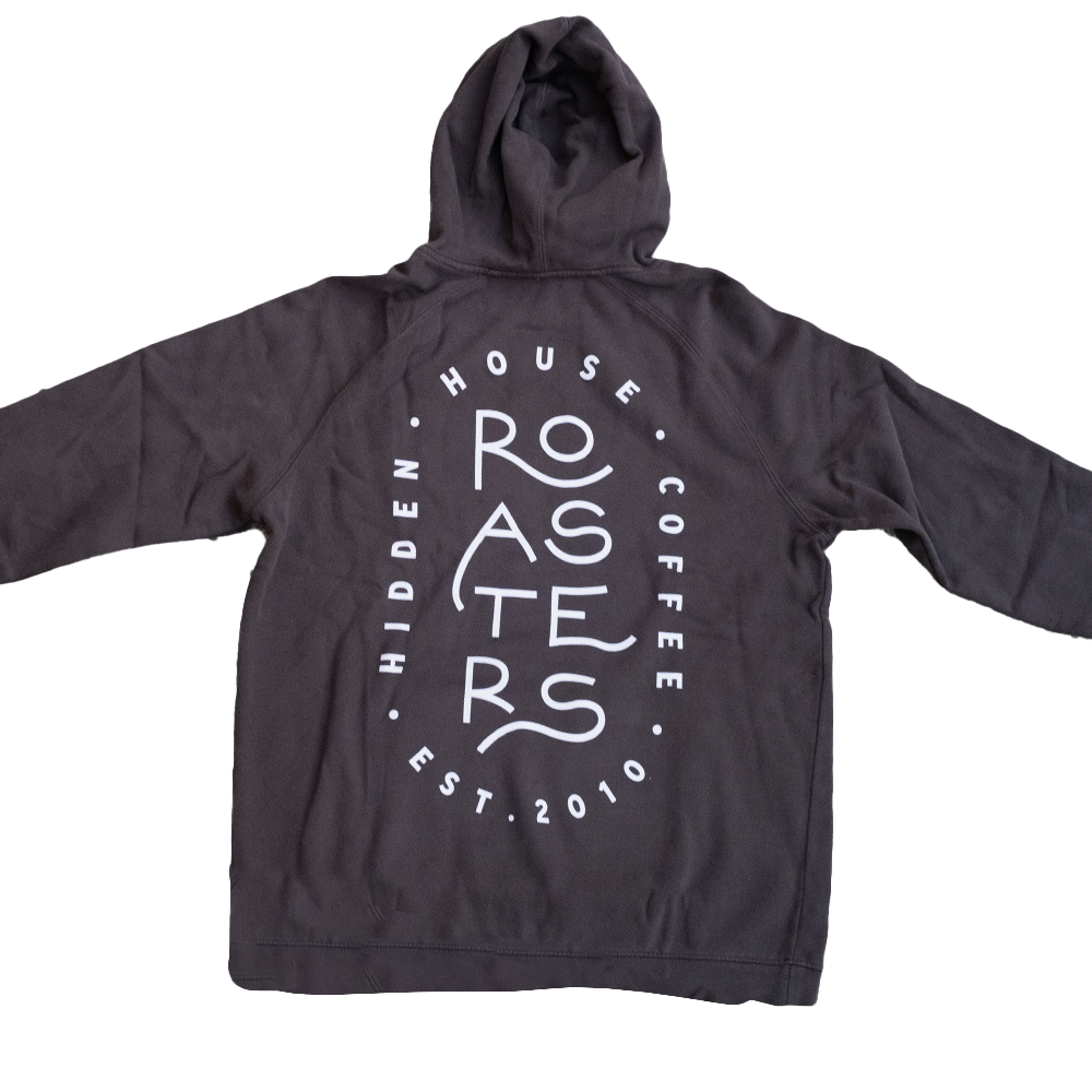 Image of the back of branded black sweatshirt.