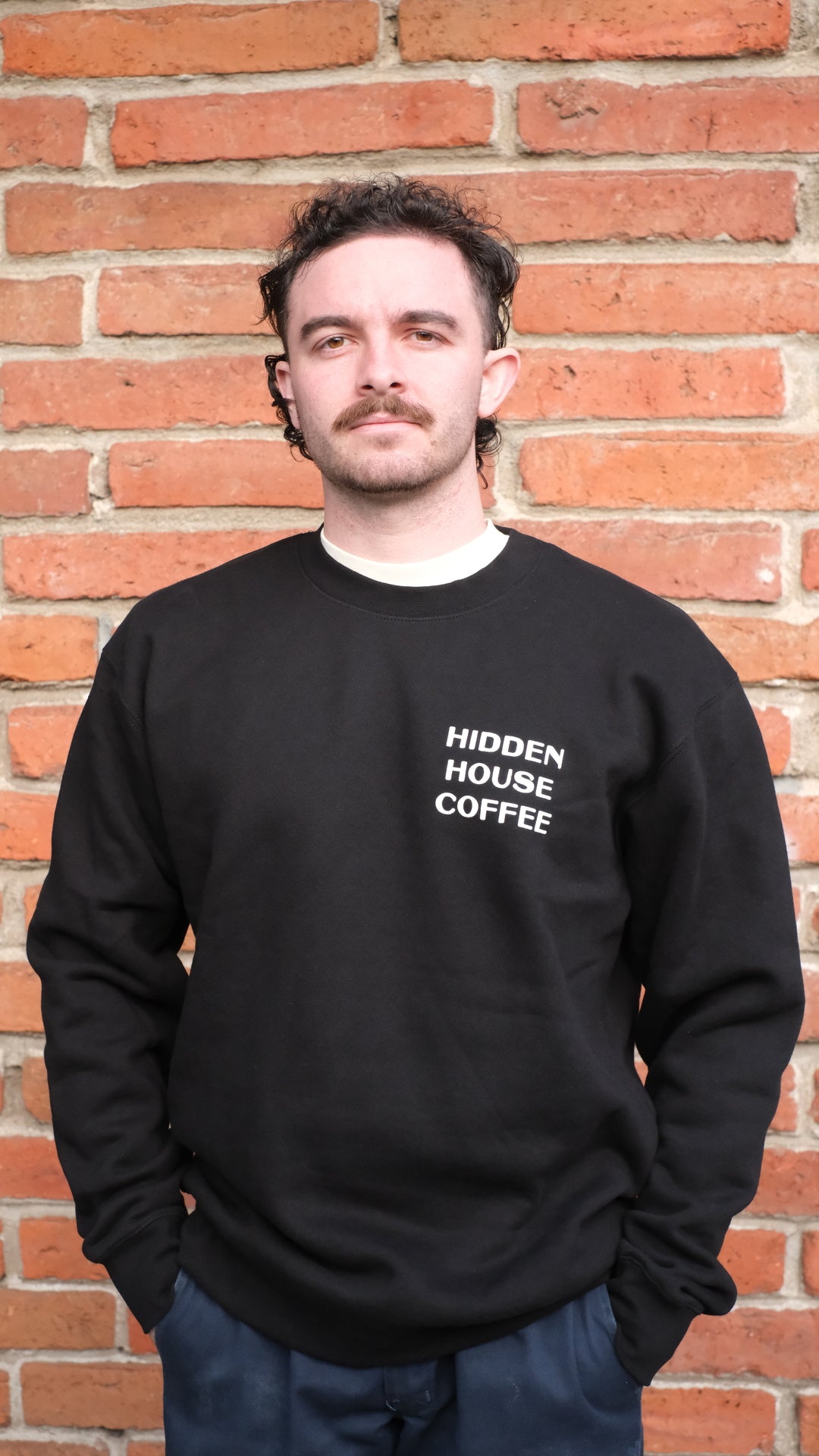 Photo of model wearing black rise and shine crew neck with "hidden house coffee" printed on front.